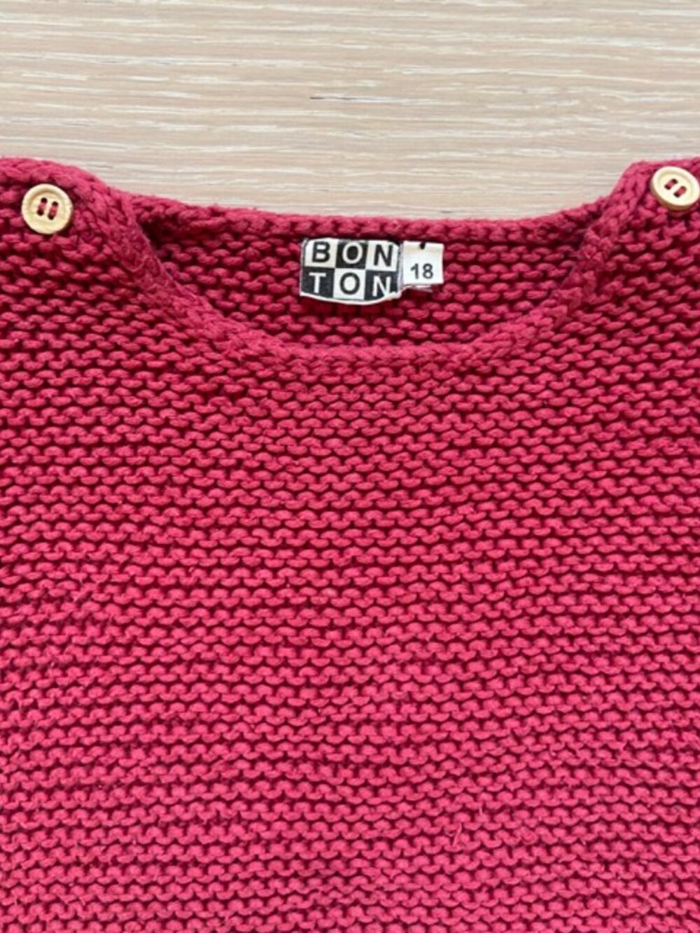 BONTON Raspberry cotton knit sweater, kid 18 month old, buttons at neck line